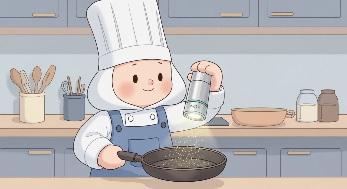 萬古焼の土鍋とガラスのフタを組み合わせたご飯釜を見つめるキャラクター