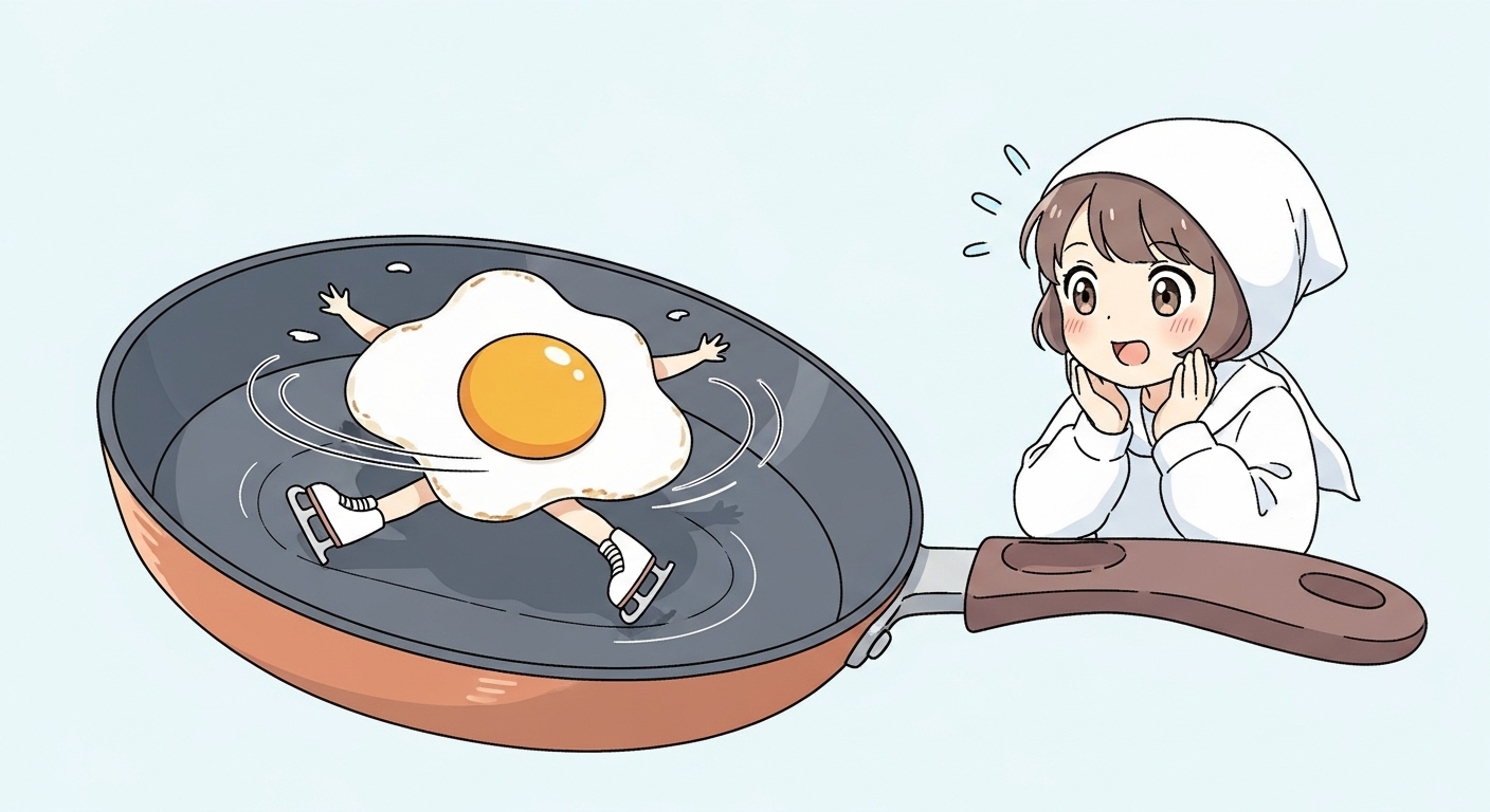 焦げ付かないフライパンの上で滑る目玉焼きに驚くキャラクター