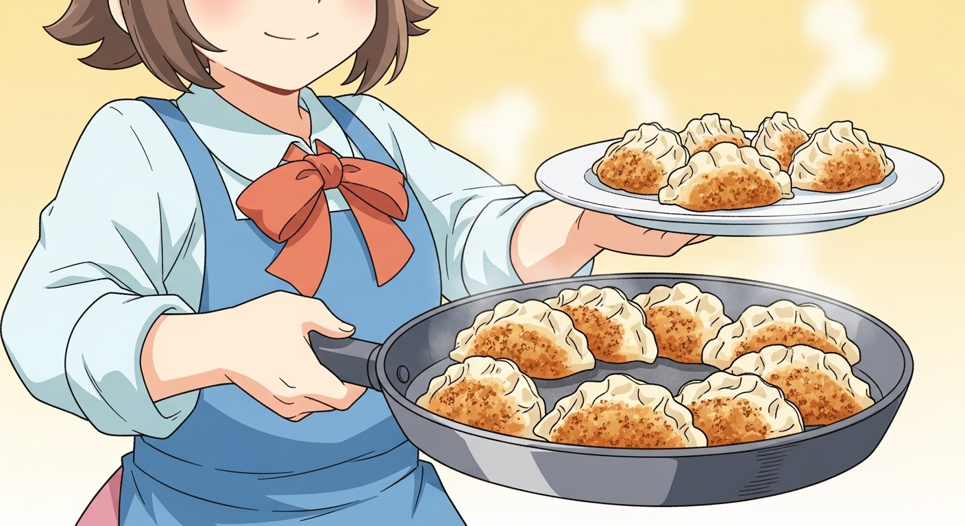 きつね色に焼けた餃子をフライパンから綺麗にお皿に移すキャラクター