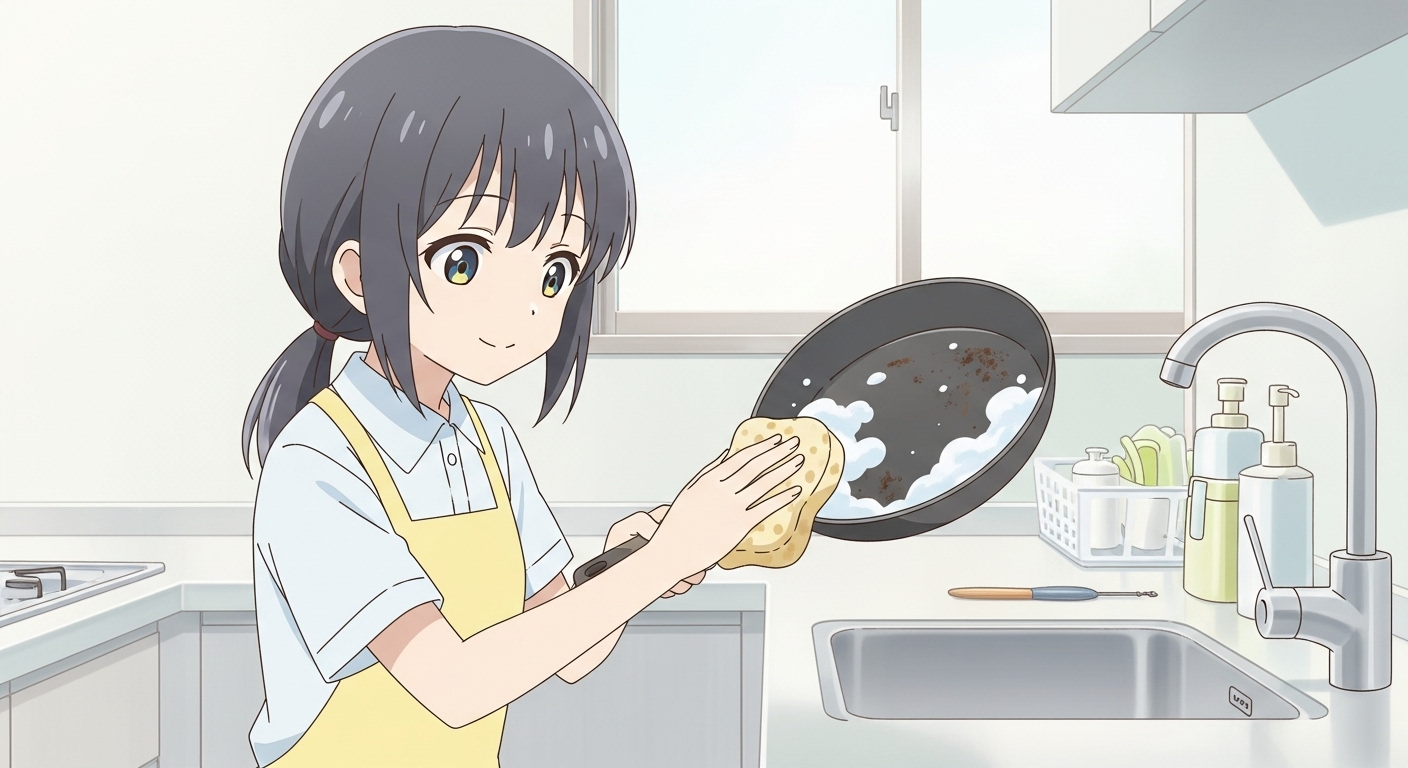 柔らかいスポンジでフライパンを優しく手洗いするキャラクター