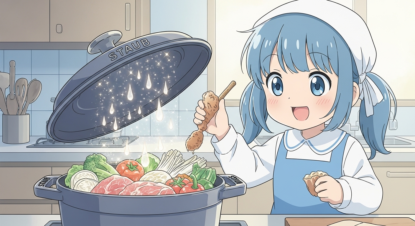 ストウブ鍋のフタ裏から食材に降り注ぐキラキラした旨みのしずく