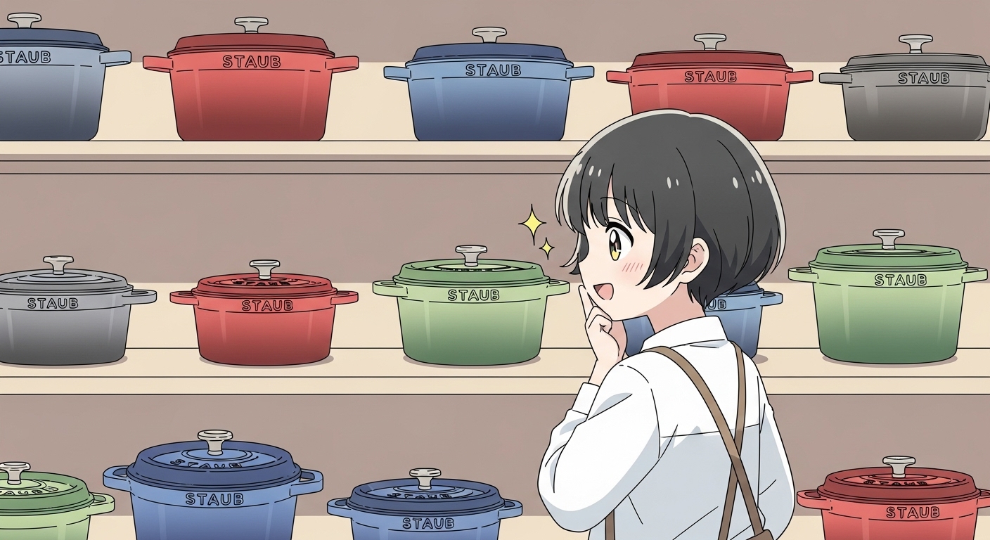 色とりどりのストウブ鍋の中からお気に入りを選ぶ楽しそうなキャラクター
