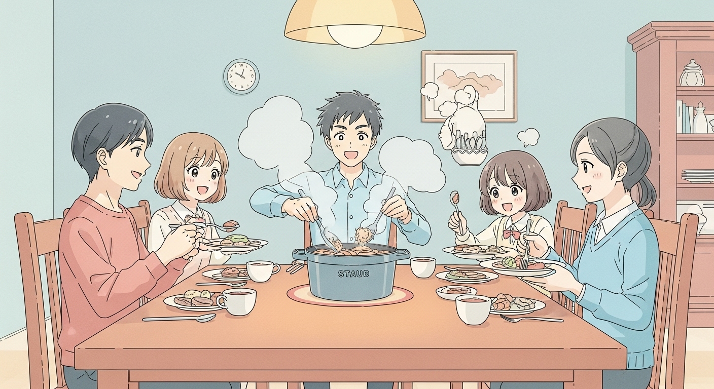 ストウブ鍋を囲んで家族で楽しい食事の時間を過ごす様子
