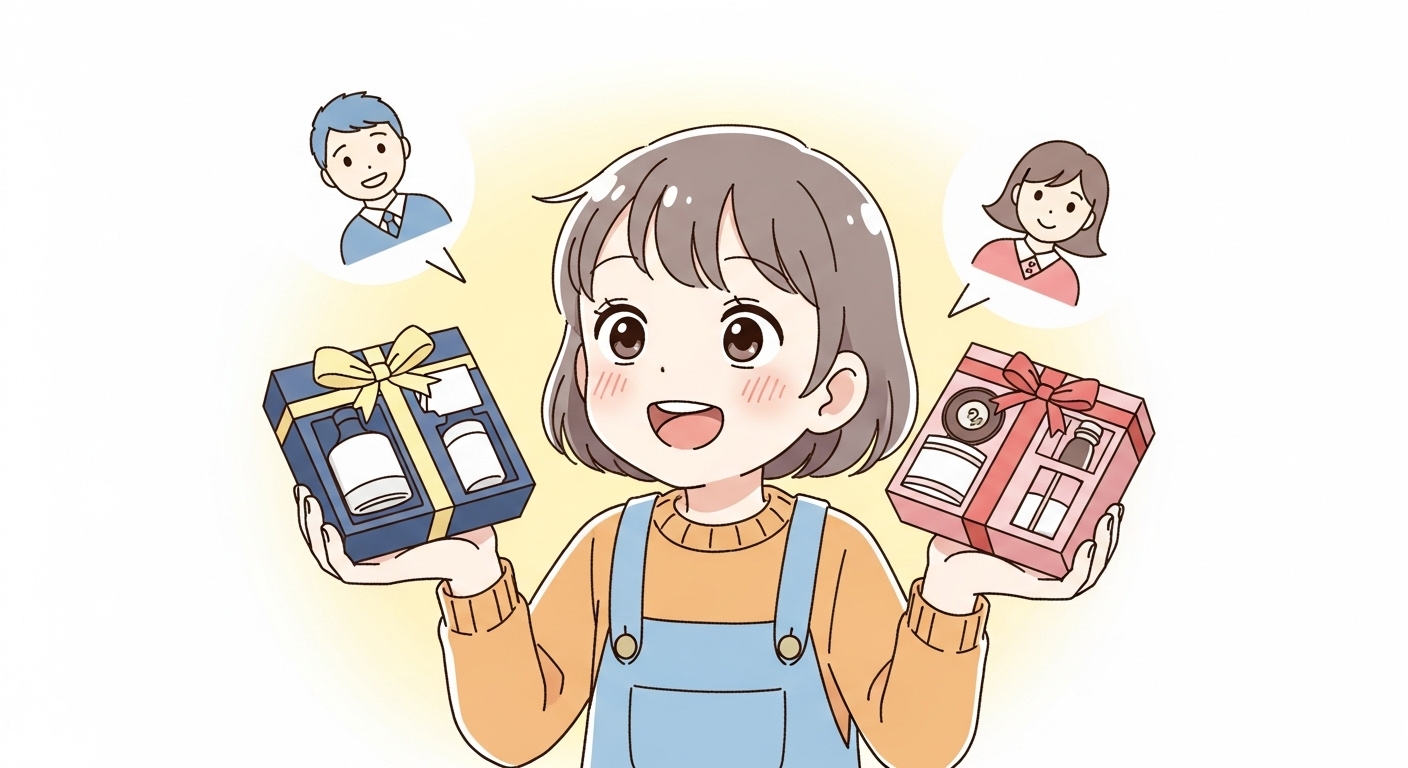 贈る相手を思い浮かべながら色違いのギフトセットを選ぶキャラクター