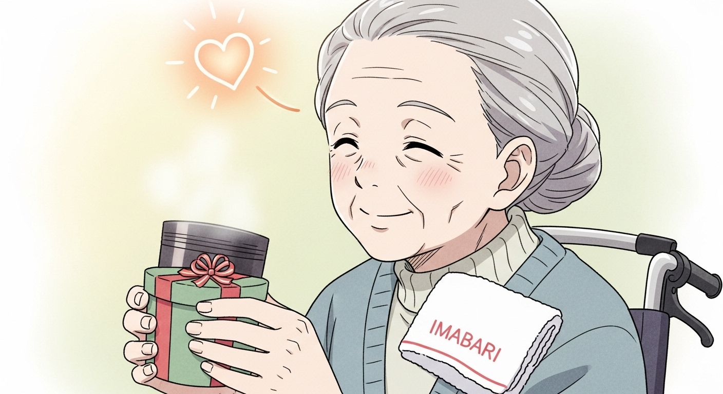 プレゼントされたタンブラーを使いながら幸せそうに微笑む年配のキャラクター