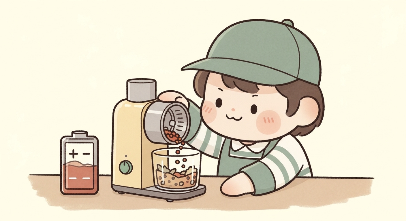 ホイッスルの音を聞いて、嬉しそうに火を止めるキャラクター