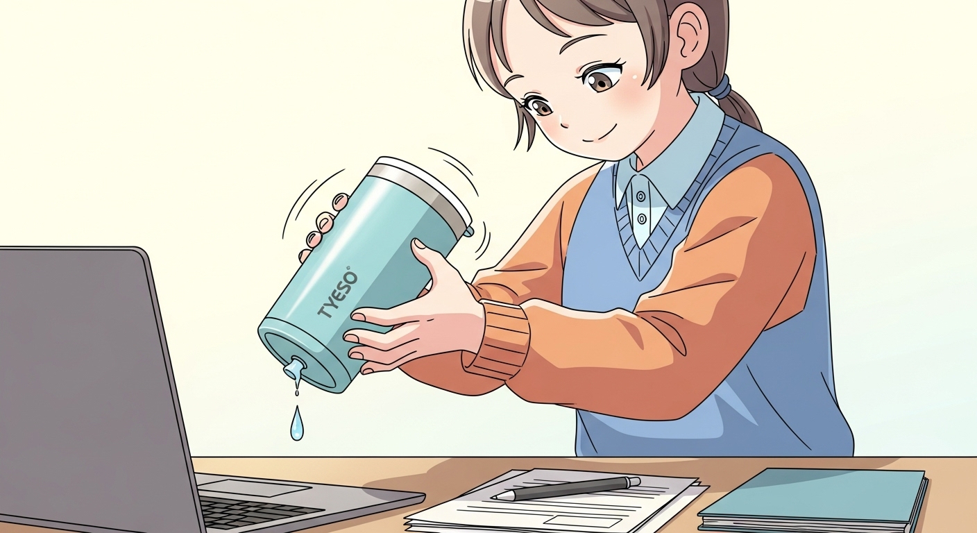 ノートパソコンの上でタンブラーを逆さまにしても漏れない様子に安心するキャラクター