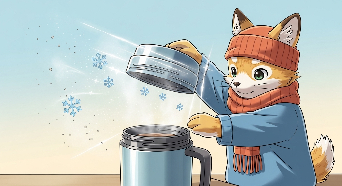 サーモスのフタが冷気やホコリからマグカップを守っているイラスト