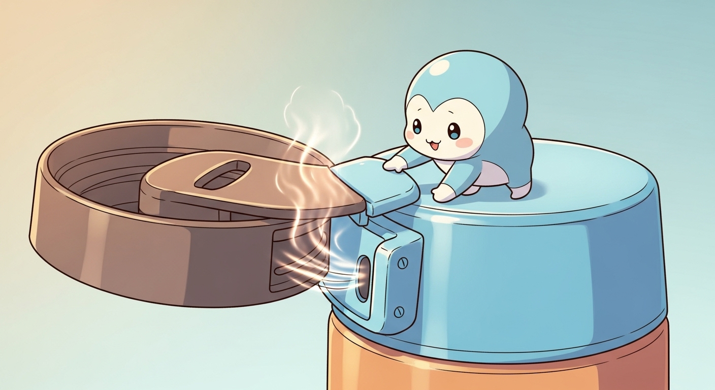 キャラクターがサーモスのフタの飲み口を閉じて熱を閉じ込めているイラスト