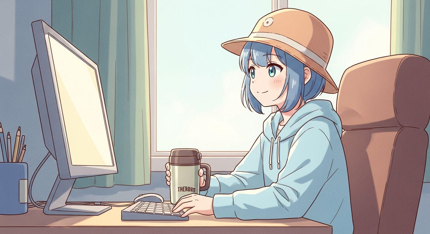 デスクにフタ付きのマグカップを置いて安心して作業するキャラクターのイラスト
