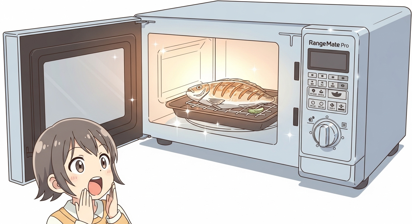 電子レンジから出てきた美味しそうな焼き魚を見て驚くキャラクターのイラスト