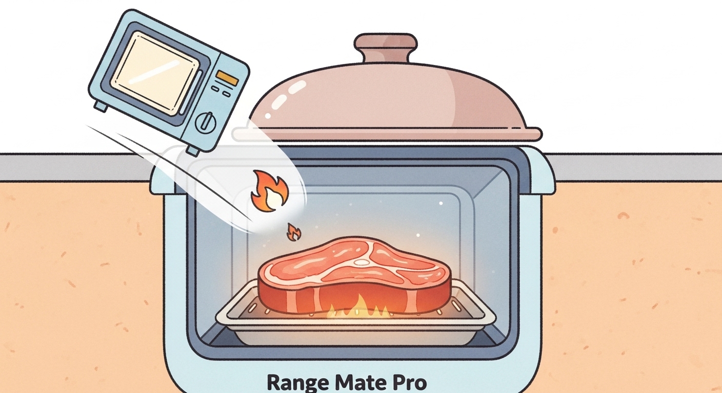 マイクロ波を熱に変えて食材を調理するレンジメートプロの仕組みのイラスト