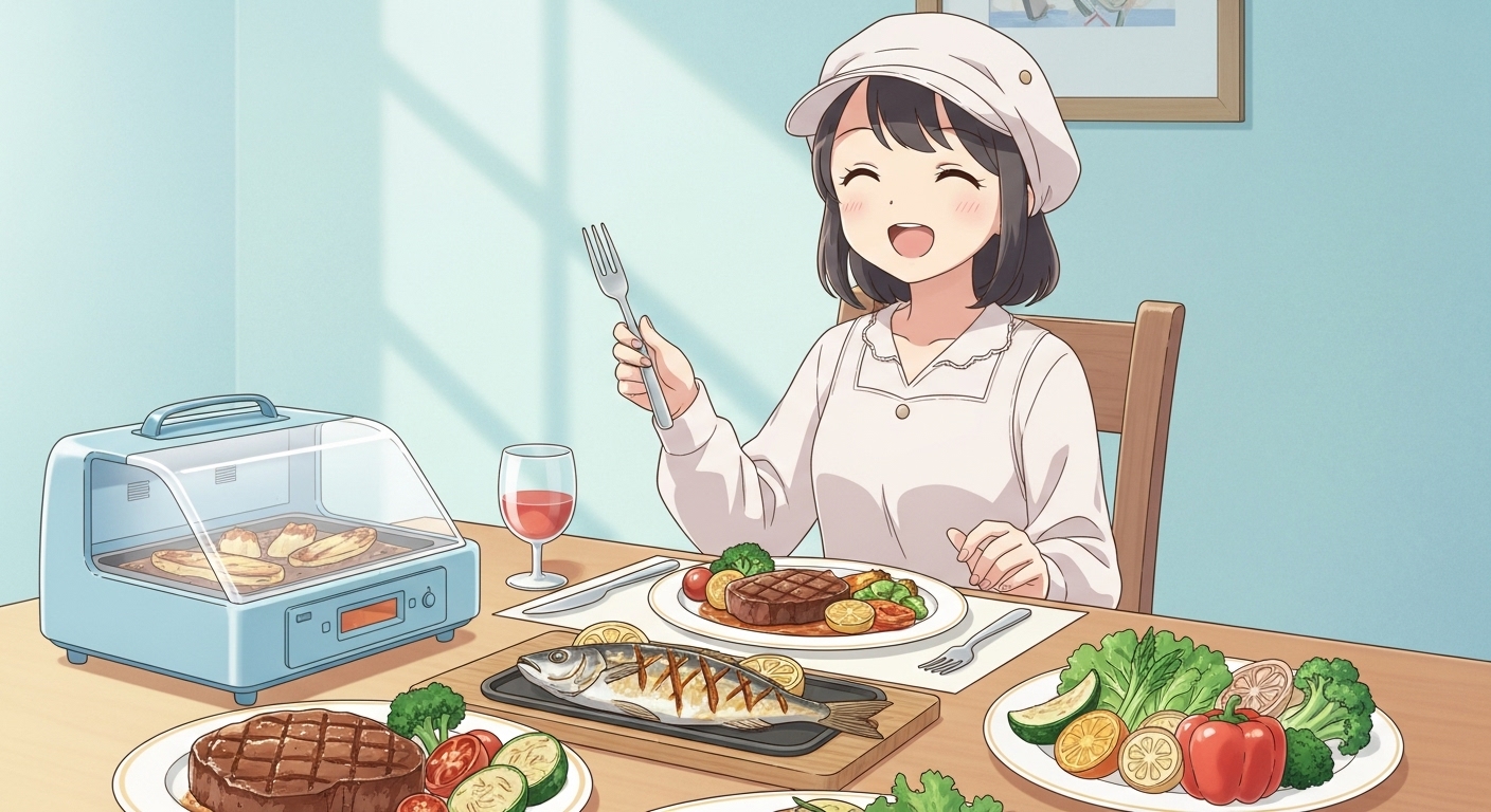 レンジメートプロで作ったたくさんの料理を前に笑顔のキャラクター