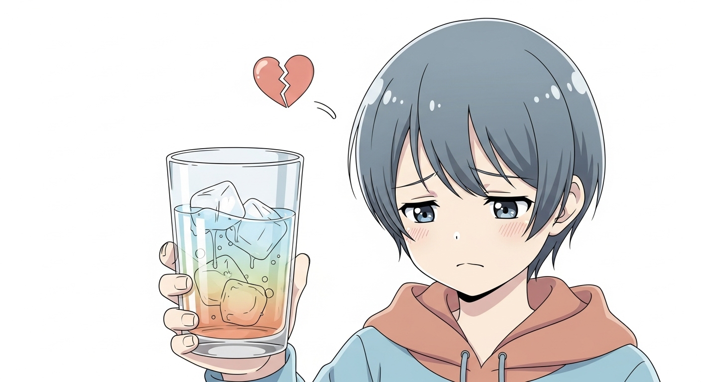 溶けた氷で飲み物が薄まりがっかりしているキャラクター