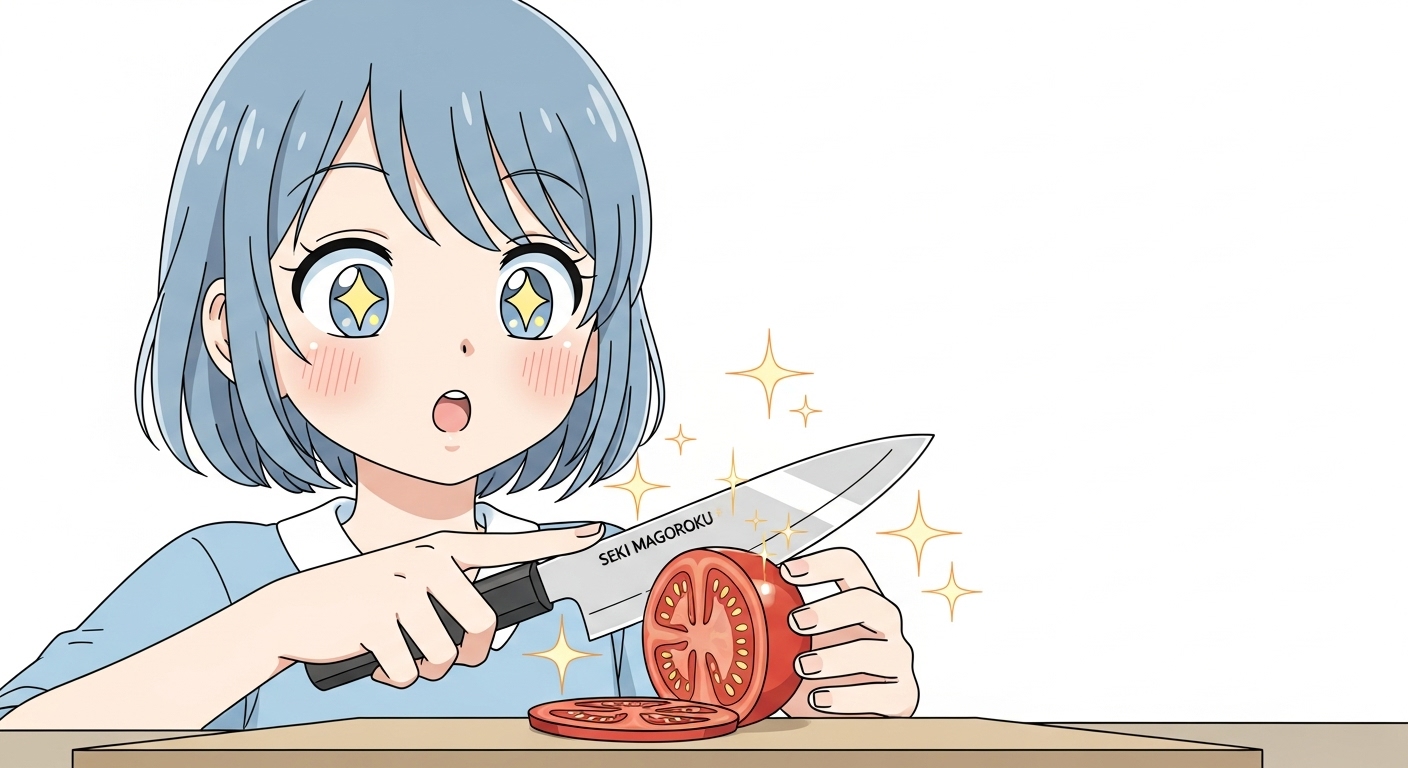 関孫六の包丁でトマトをきれいに薄切りにして感動するキャラクター