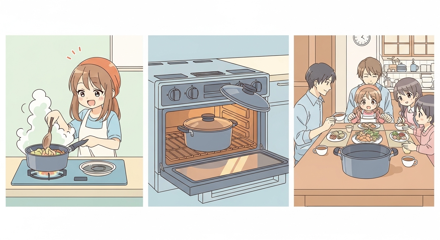 調理から-オーブン、-そして-食卓へと-一つの-鍋で-完結する-便利な-様子