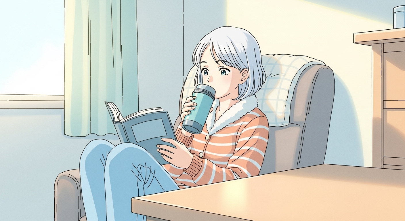 結露しない-サーモス-カップを-片手に-リビングで-リラックスする-キャラクター