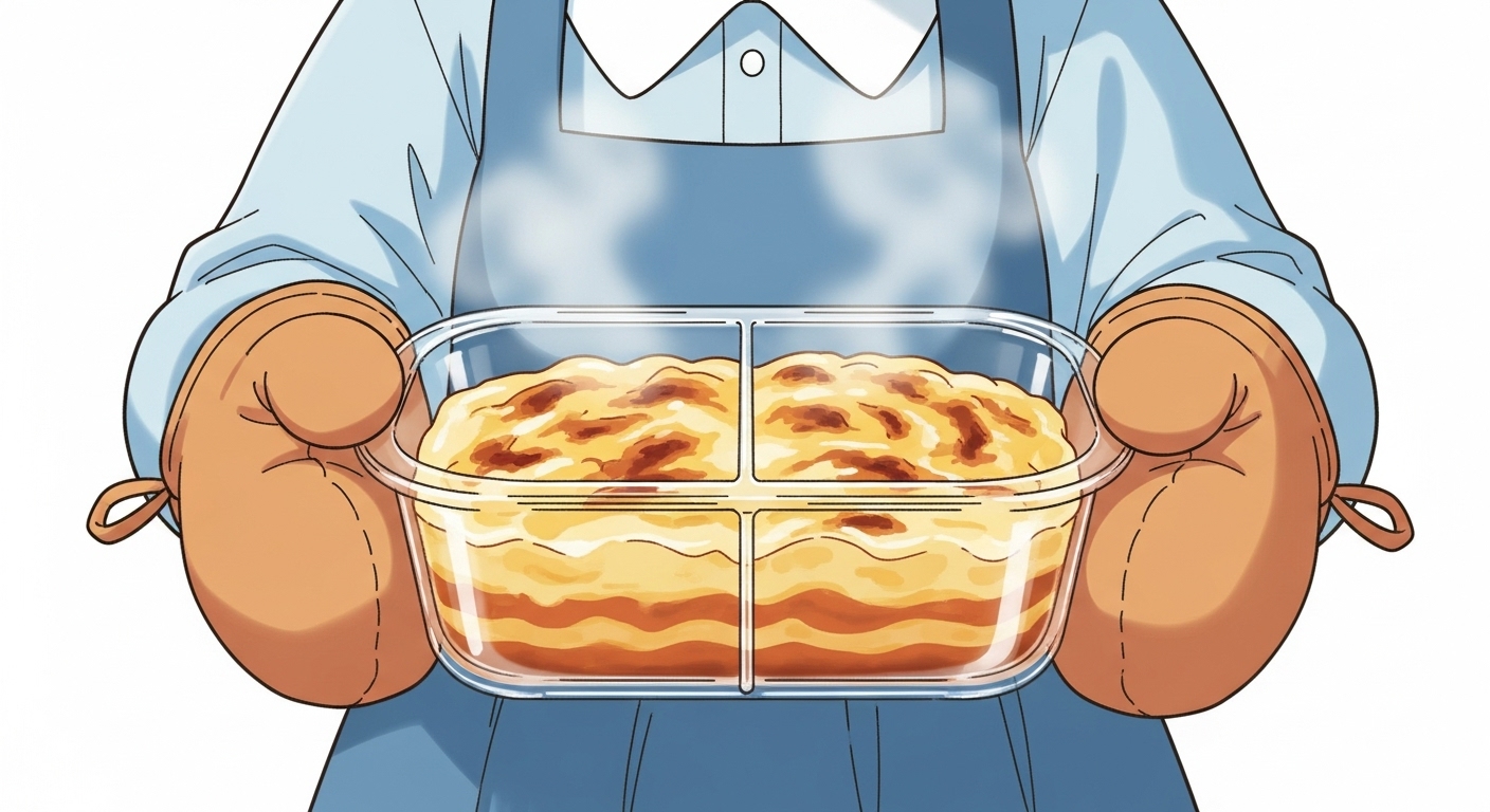 オーブンで焼いたグラタンをイワキの容器のまま食卓に運ぶキャラクター