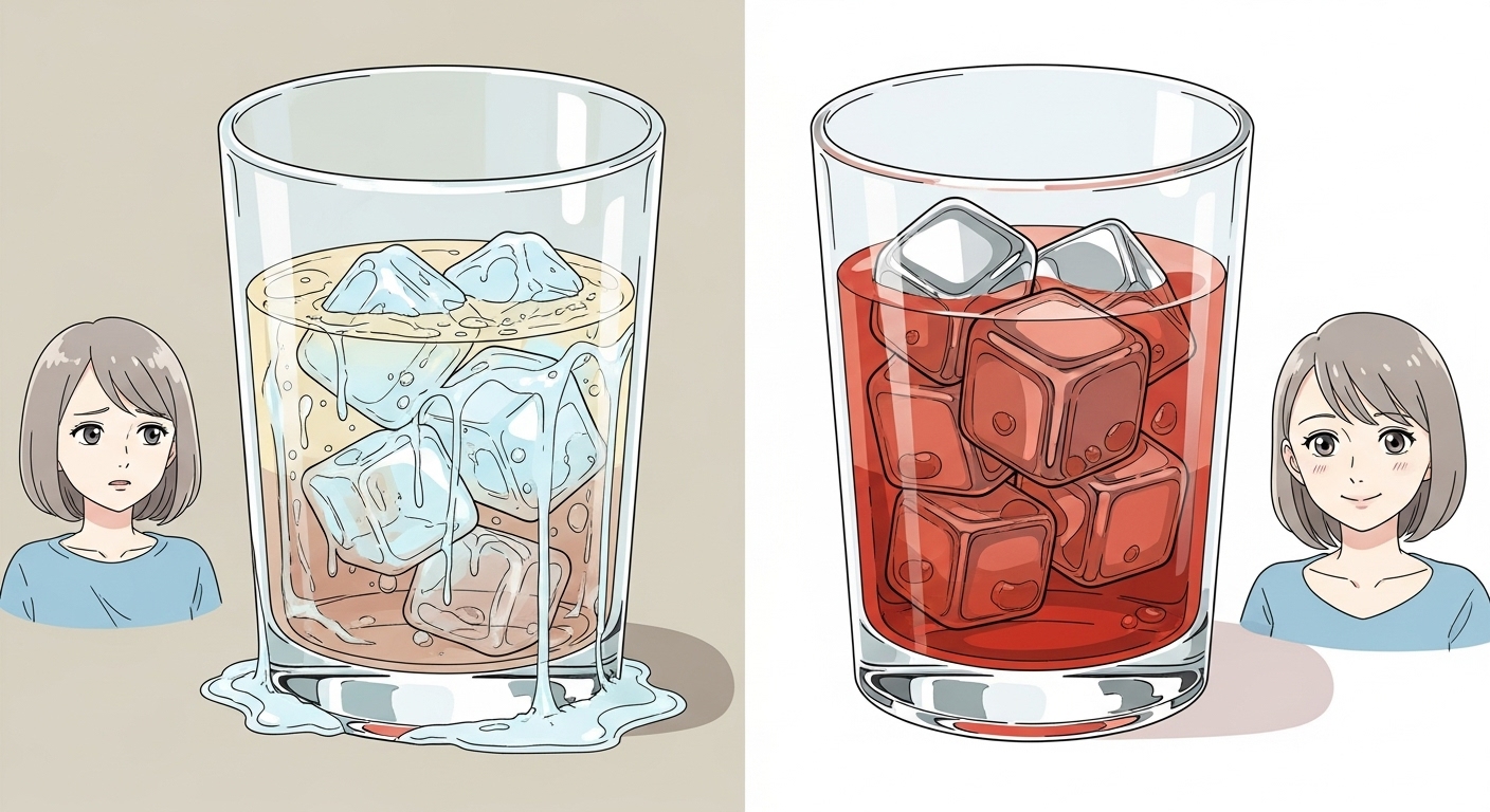溶けて-薄まった-飲み물과-스테인리스-아이스-큐브로-진한-그대로의-음료-비교