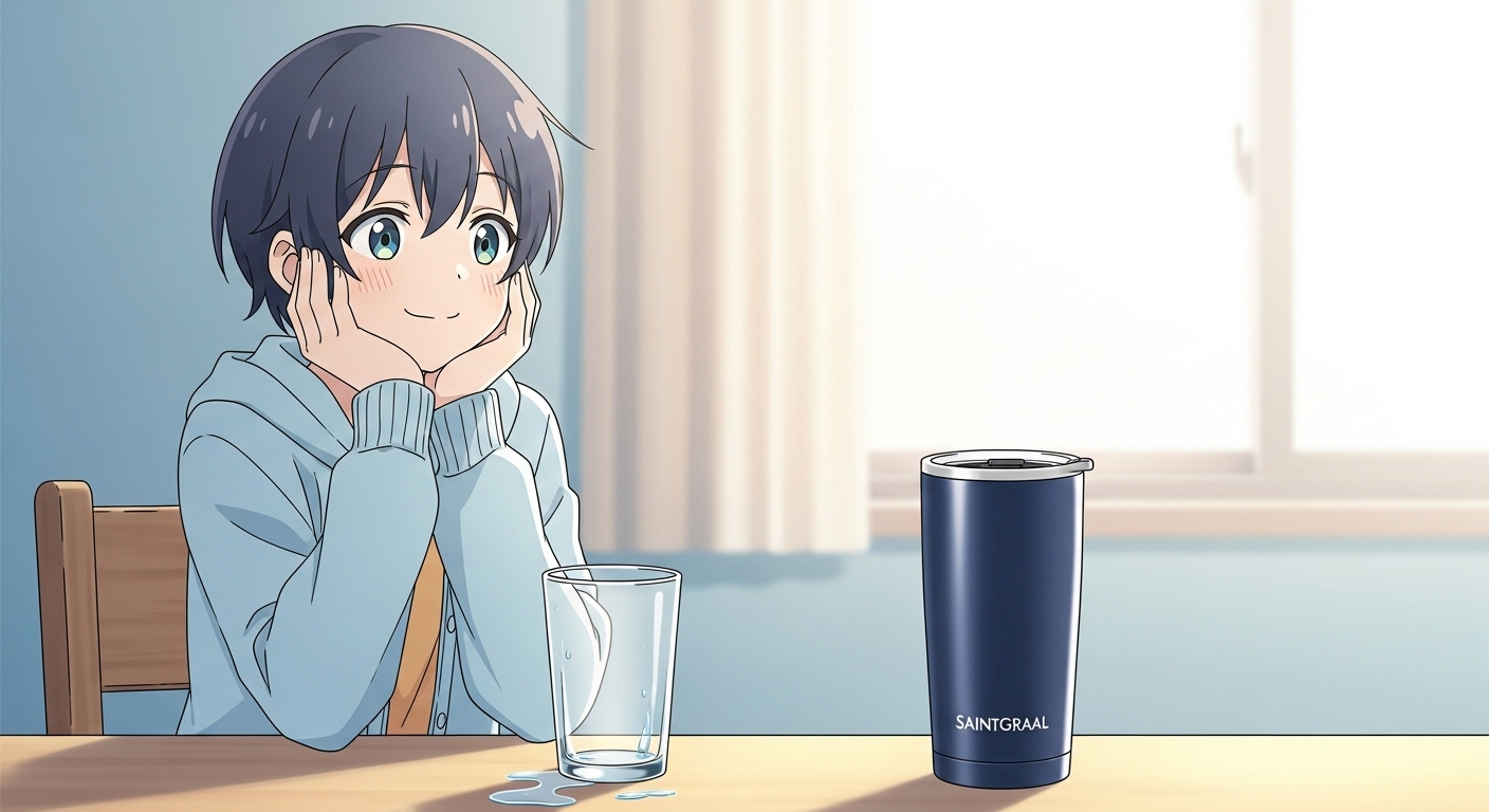 結露で濡れたグラスと結露しないタンブラーを比較し満足するキャラクター