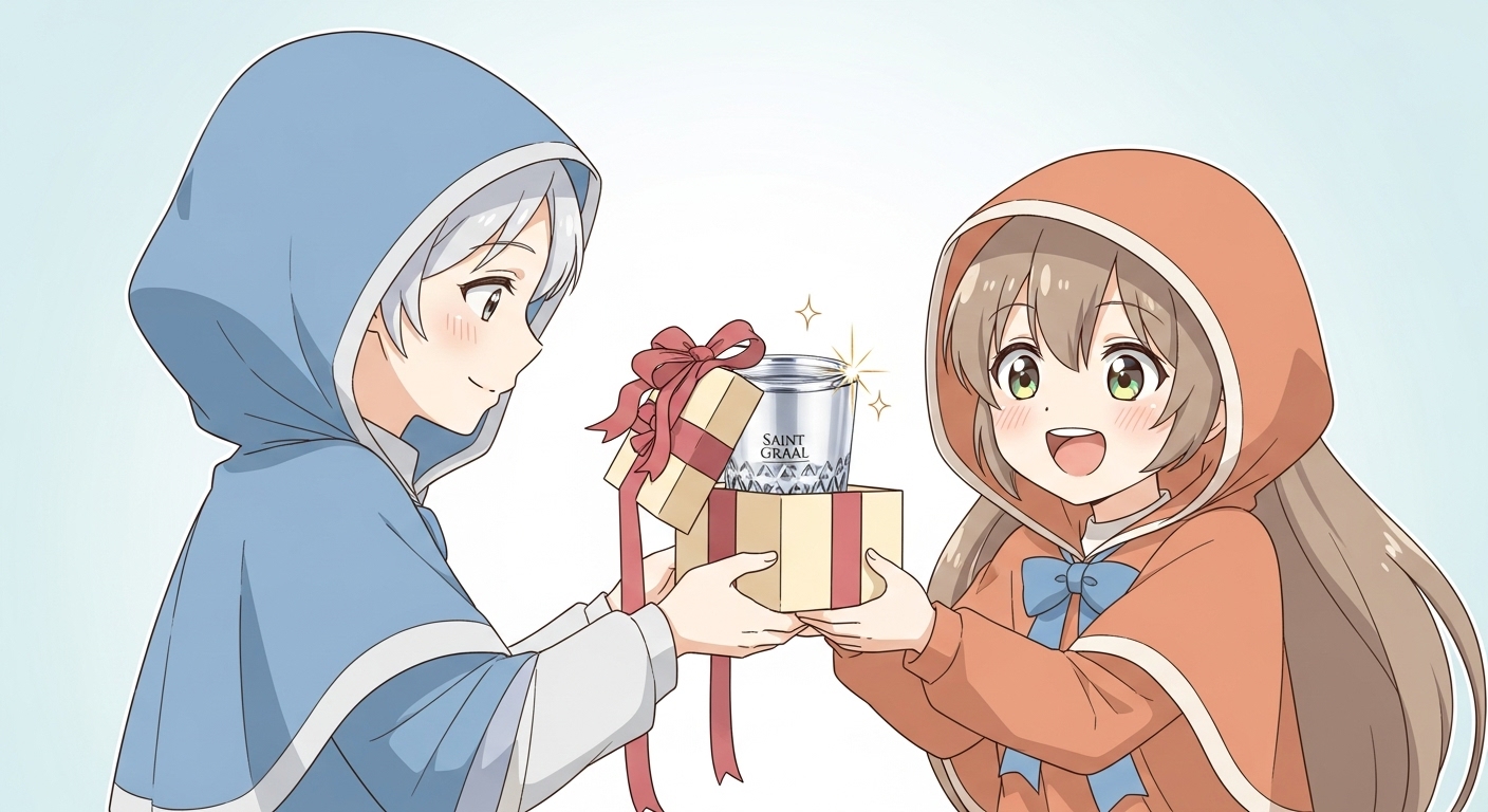 キラキラ輝く真空断熱タンブラーをプレゼントとして受け取り喜ぶキャラクター