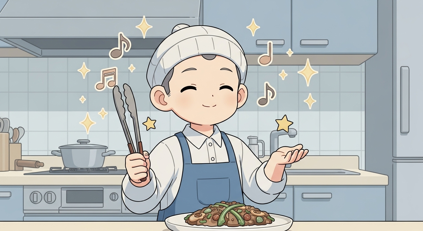 食卓に置かれた電動ミルを満足そうに眺めるキャラクター