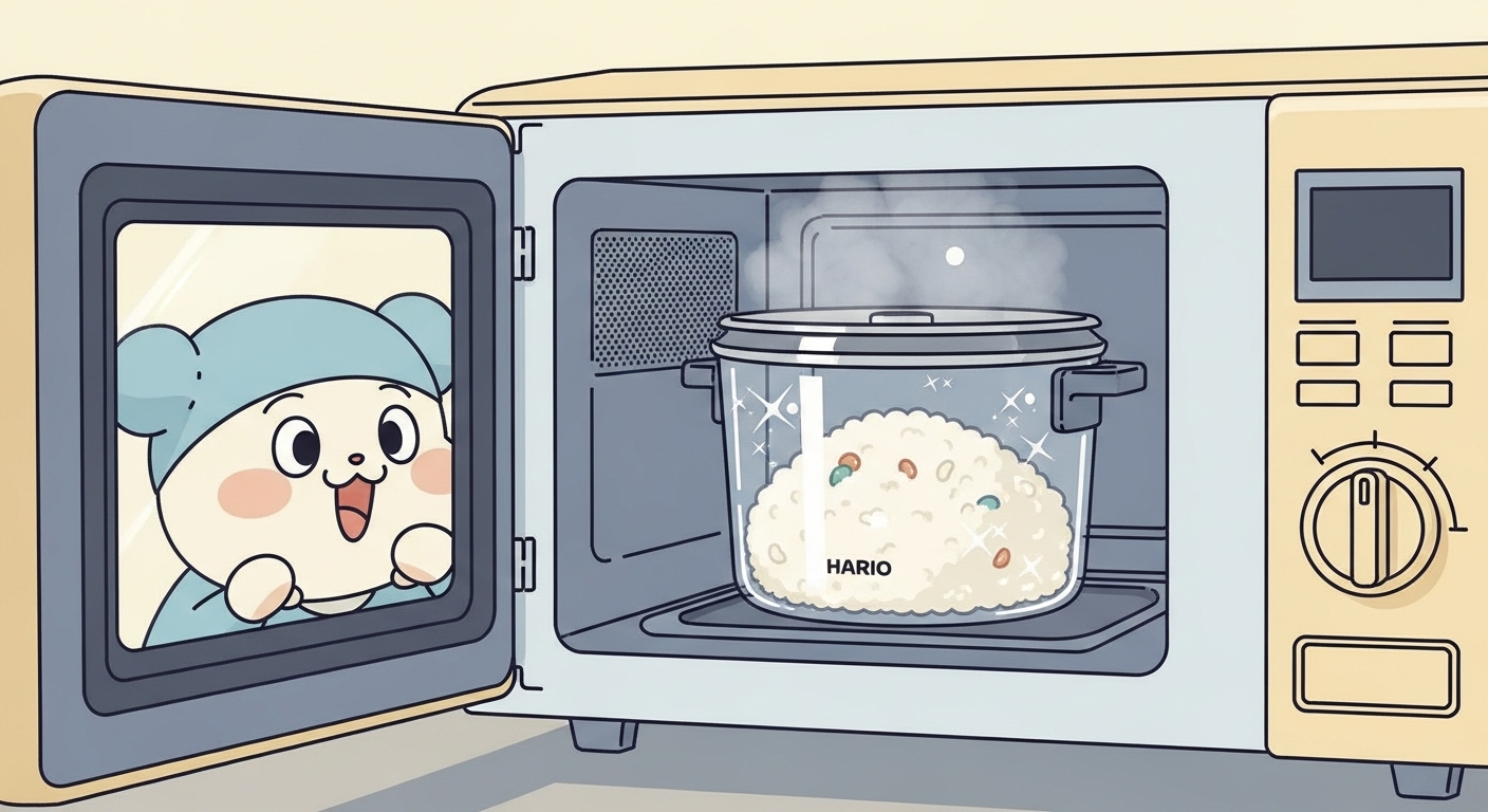 調理台に置かれたトングの先端が浮いている様子をキャラクターが指さしている
