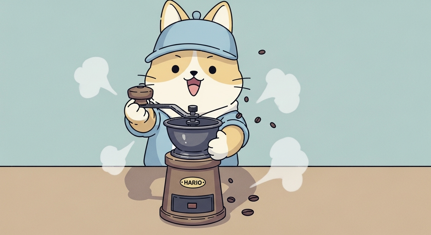 キャラクターが-HARIOの-コーヒーミルで-楽しそうに-豆を挽いている-イラスト