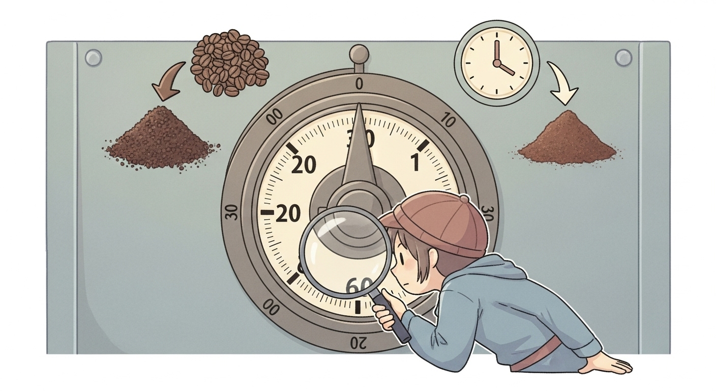 コーヒーミルの-挽き目調整ダイヤルと-細挽き・粗挽きの-コーヒー粉を-比較する-イラスト