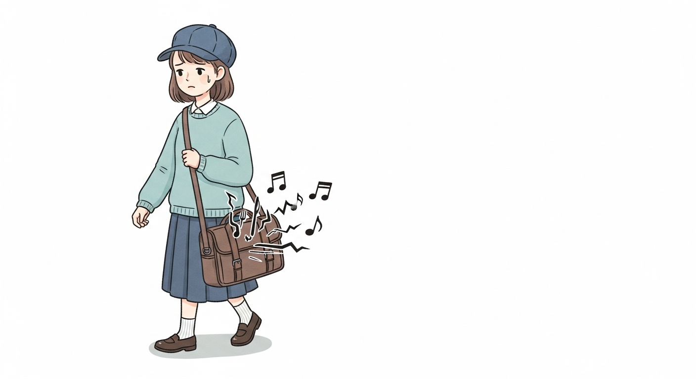 通勤バッグから-飛び出す-音符アイコンに-困っている-キャラクターの-イラスト