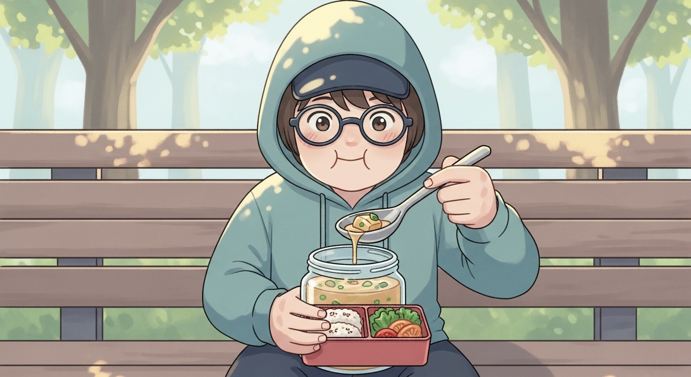 サーモスの-スプーンで-スープジャーを-きれいに-食べて-満足そうな-キャラクター