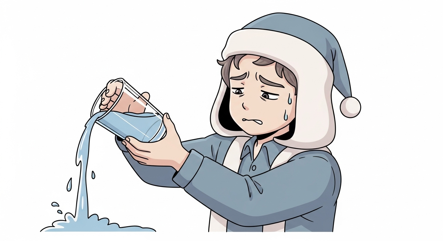 大きなペットボトルからウイスキーを注ぎすぎて困っているキャラクター