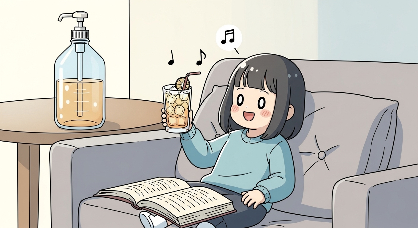 完璧なハイボールを片手にソファでくつろぐ幸せそうなキャラクター