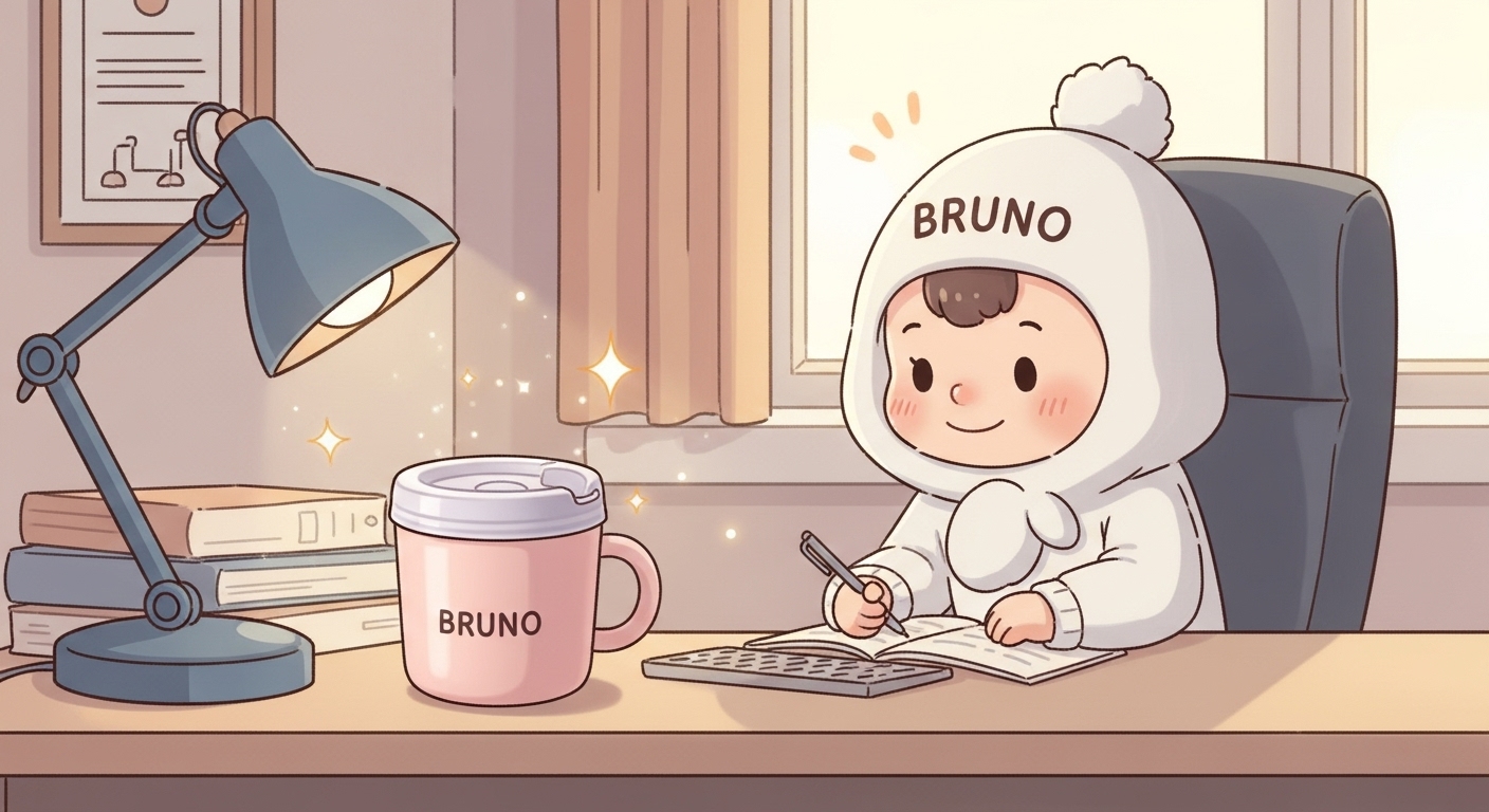 オフィスのデスクでBRUNOのマグカップを見て微笑むキャラクター
