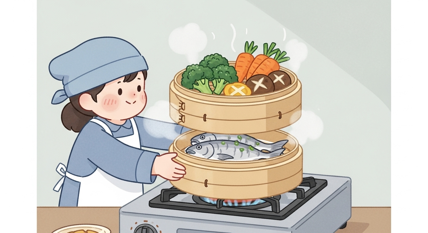 二段重ねのせいろで魚と野菜を同時に蒸しているイラスト