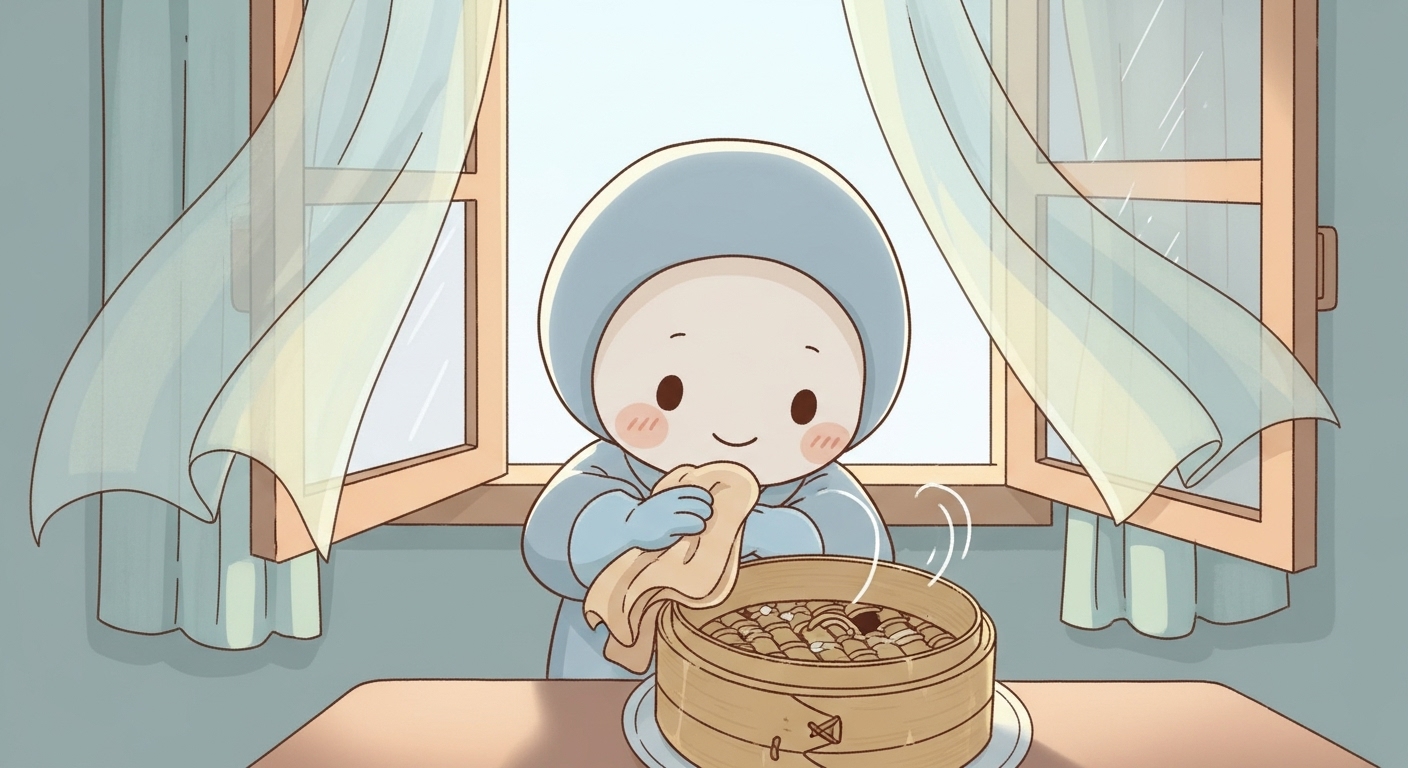使い終わったせいろを窓辺で丁寧に乾かしているキャラクター