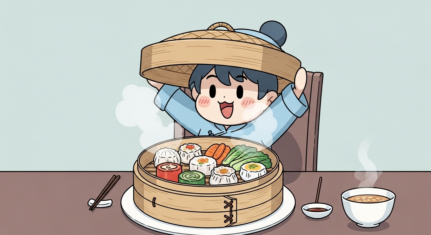 食卓でせいろの蓋を開け湯気と料理に喜んでいるキャラクター