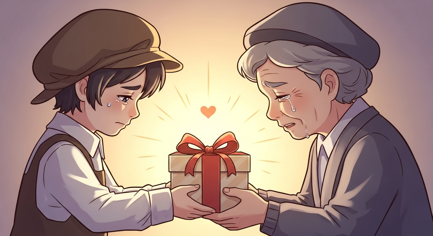 若いキャラクターからプレゼントを受け取り感動する年配のキャラクター