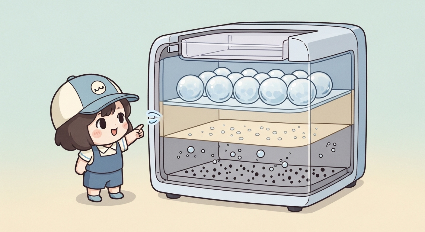 製氷器の断面図で、透明な丸氷が作られる科学的な仕組みを示すイラスト