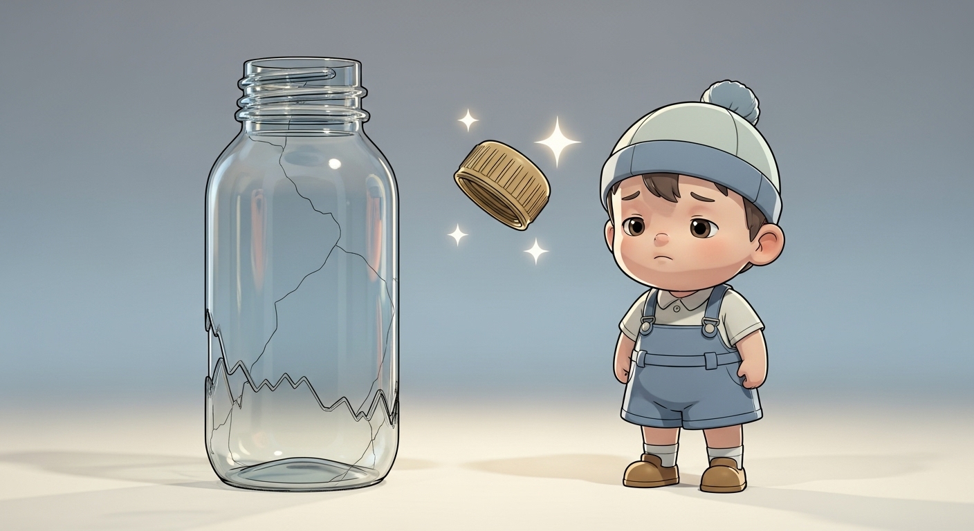 新しいキャップユニットで水筒が復活し喜ぶ子供キャラクター
