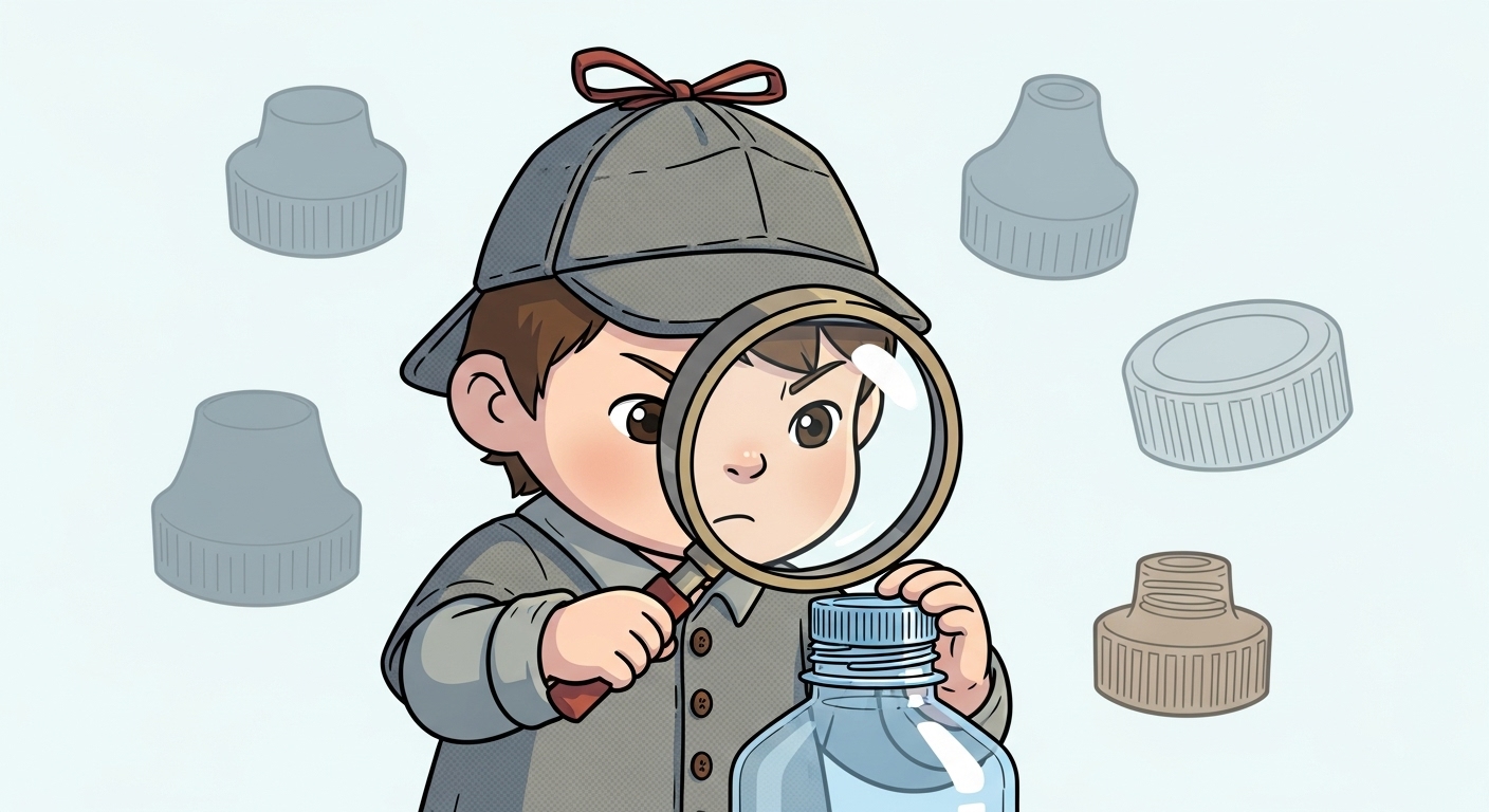 虫眼鏡で水筒の底の品番を確認する探偵キャラクター