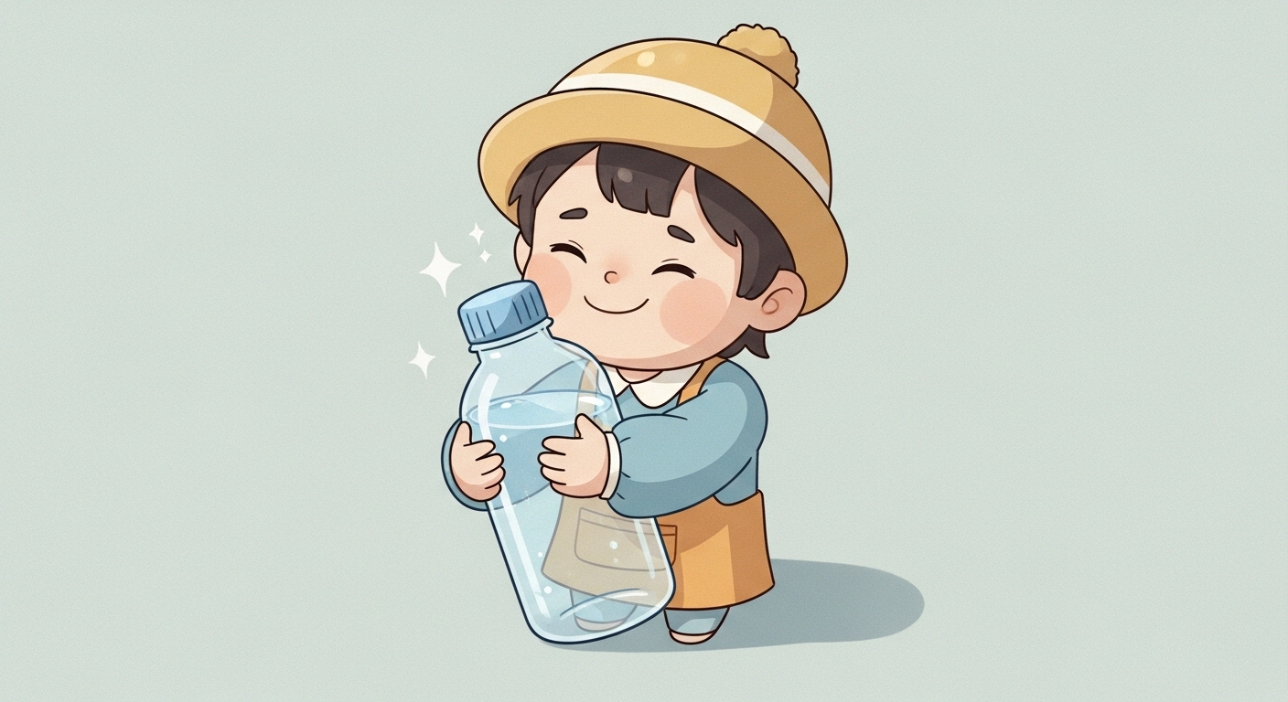 新しいキャップが付いた水筒を大切そうに抱きしめる子供