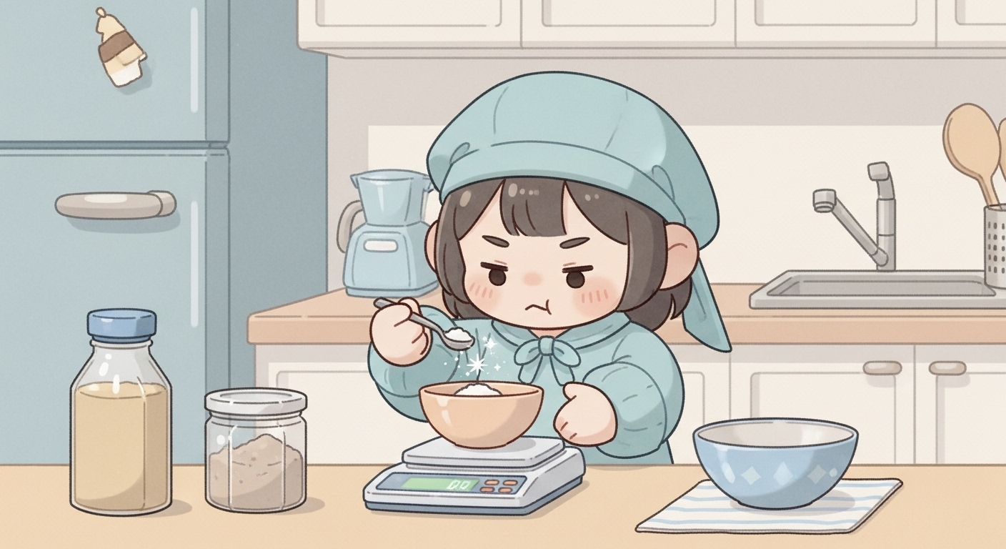 キッチンスケールで少量のきらめく粉を慎重に計量するキャラクター