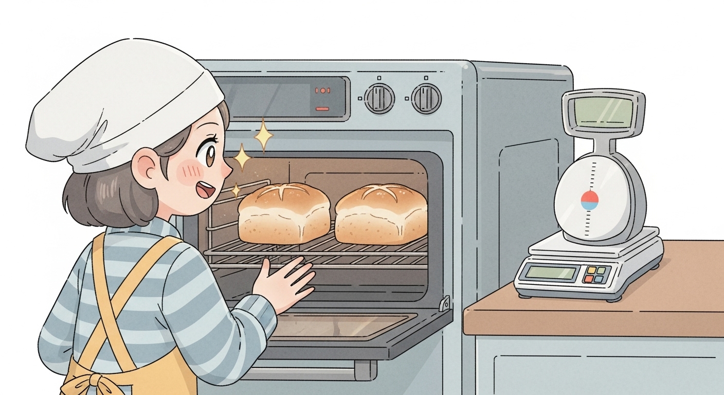 完璧に焼けたパンを見て喜ぶキャラクターと隣に置かれたキッチンスケール