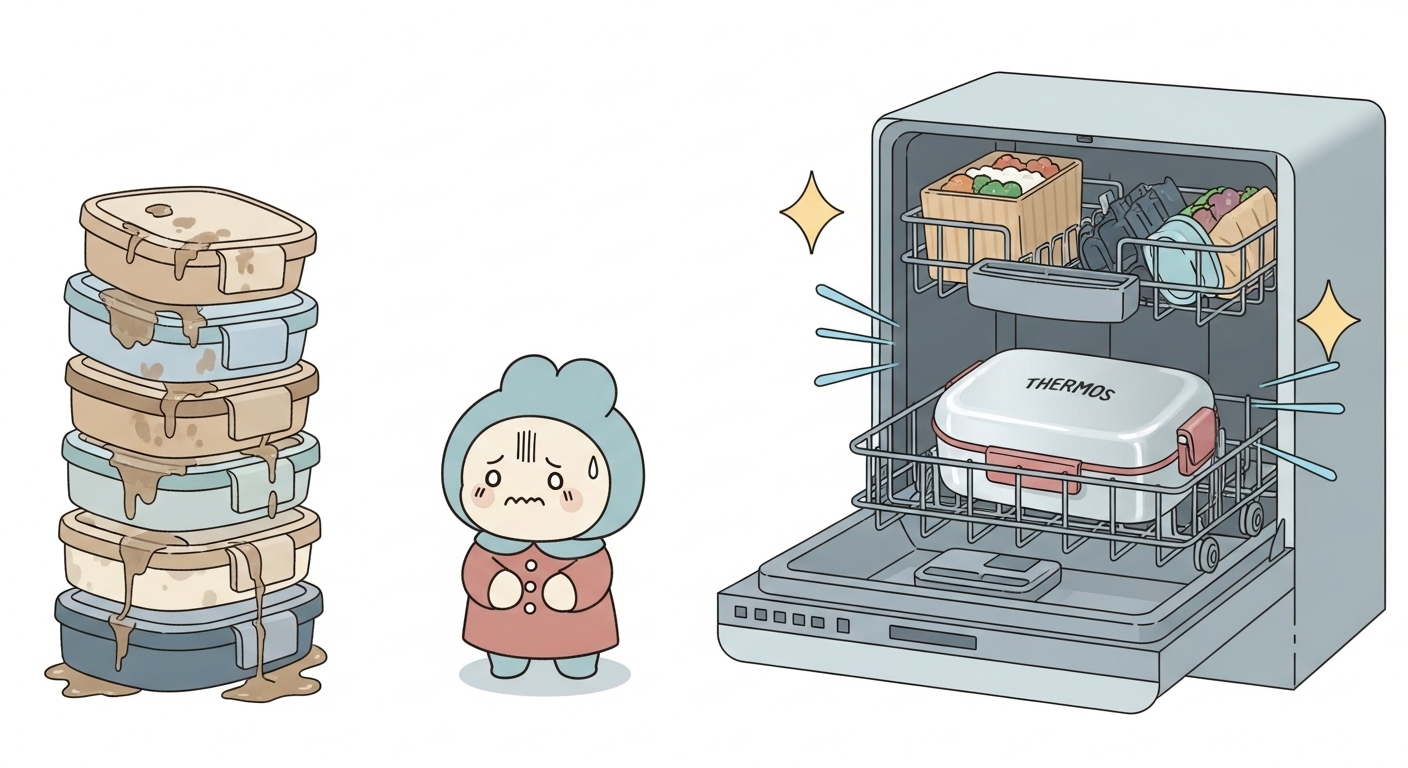 食洗機から出てきたピカピカの弁当箱を見て喜ぶキャラクター