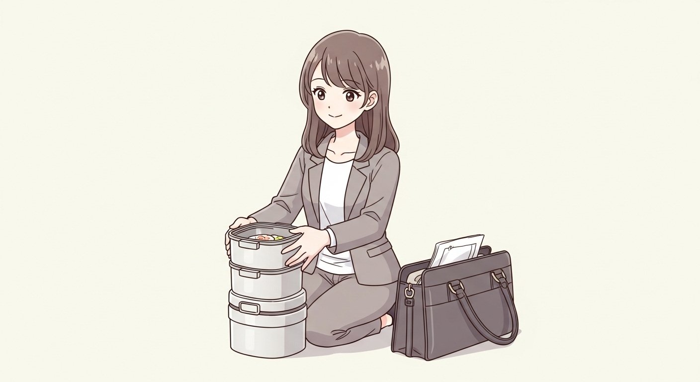 食べ終わった二段式の弁当箱をコンパクトに一段にまとめるキャラクター