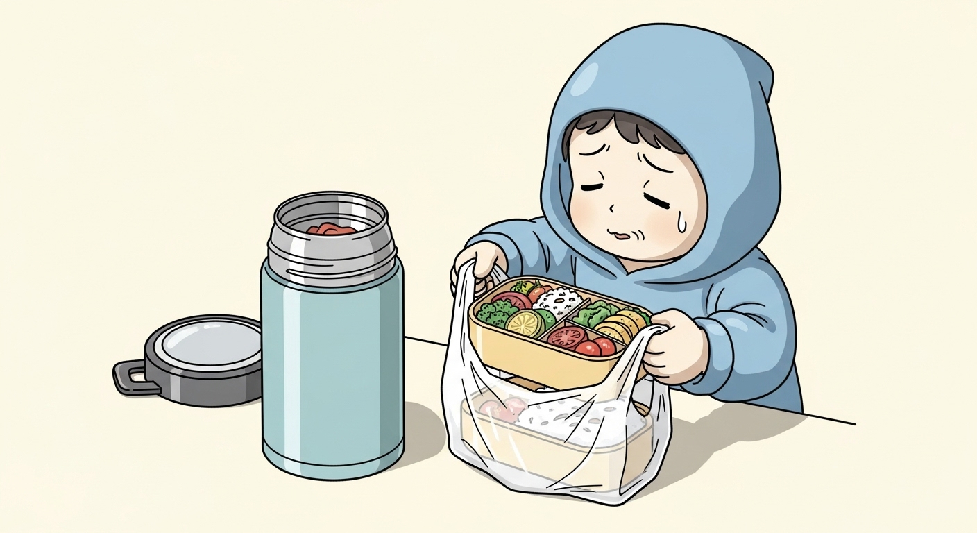 汁漏れ対策としてお弁当箱をビニール袋に入れるキャラクター