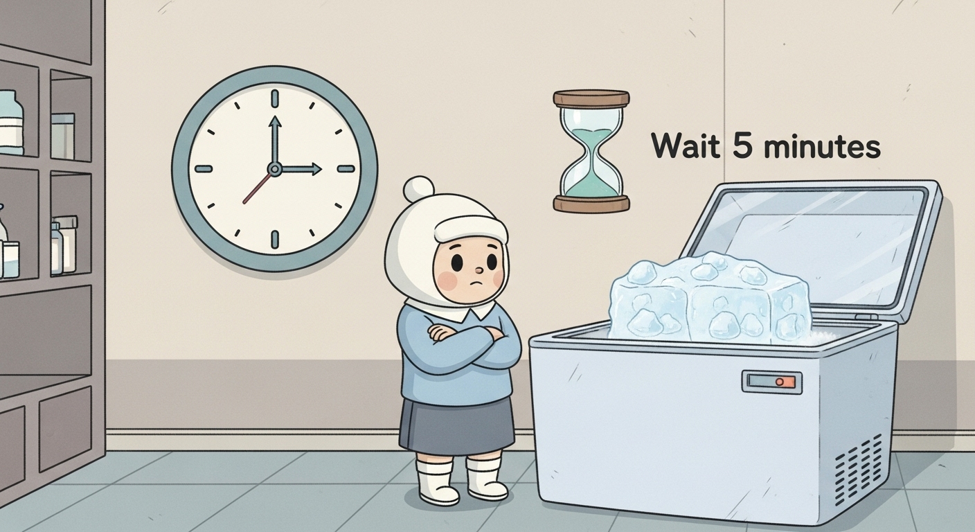 時計と砂時計の前で、氷が出来上がるのを忍耐強く待っているキャラクター