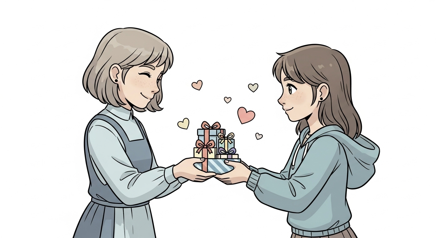 友人の誕生日に心を込めてギフトセットをプレゼントするキャラクター