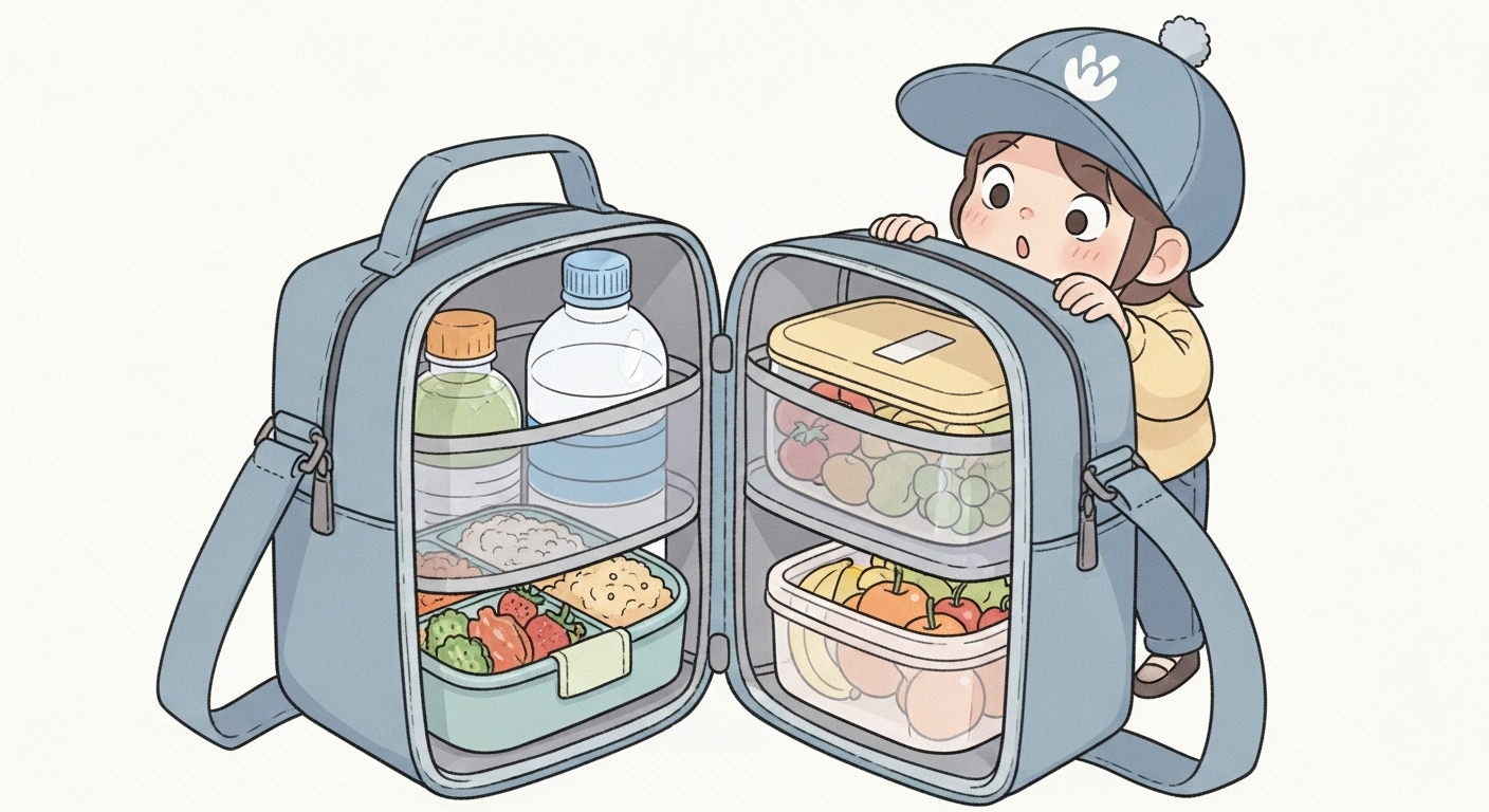 ランチバッグの中にお弁当箱やペットボトルがきれいに収まっている断面図のイラスト
